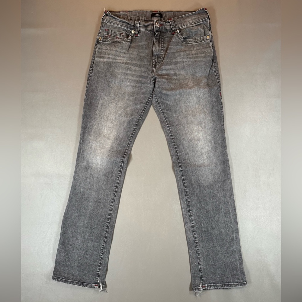 True Religion Ricky Relaxed Straight Gray Jeans 36 Distressed Hems